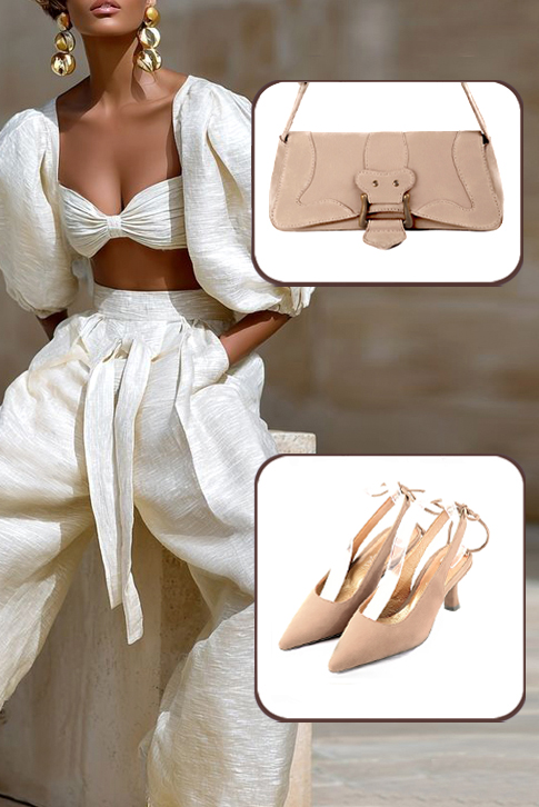 Dress slingback heels in biscuit beige leather with medium spool heels and pointed toe - Worn view